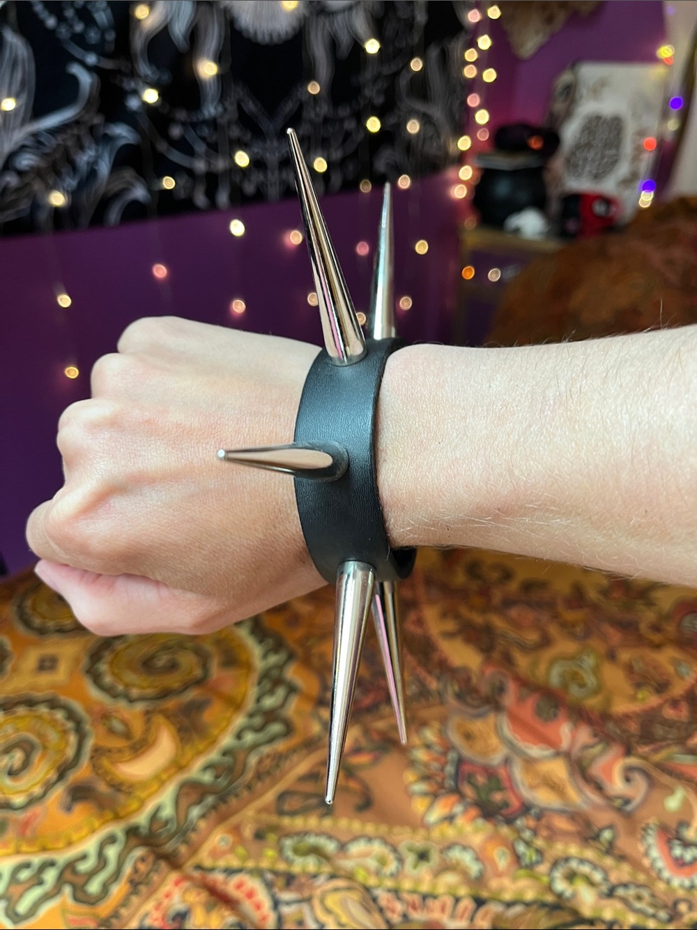 Goth Punk silver tall spike black leather bracelet cuff